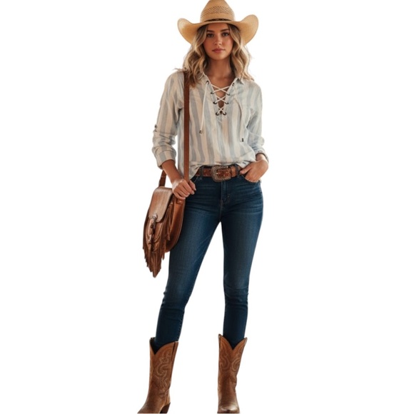 Rails x Anthropologie Top Uli Block Stripe Lace Up White Western Boho - Picture 1 of 14